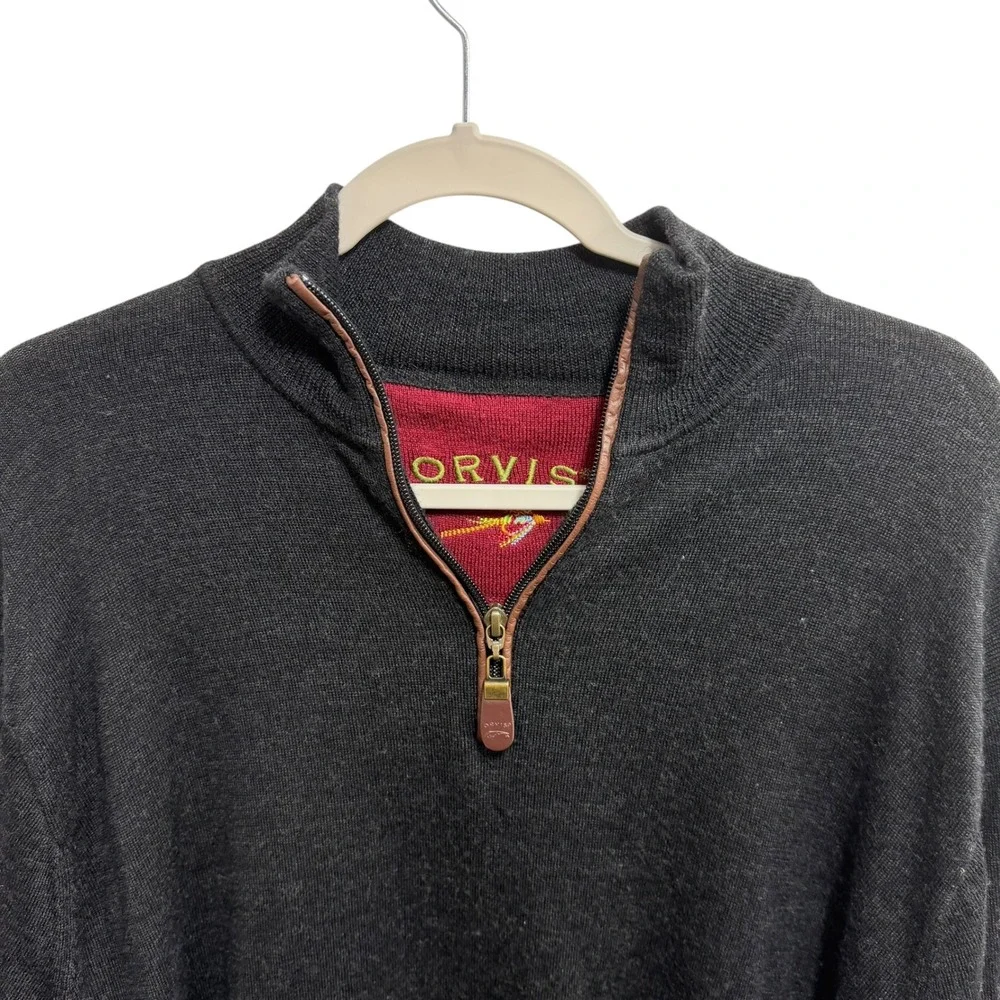 Orvis Mens 100% Merino Wool Quarter Zip Sweater Charcoal Gray Mock Neck Large